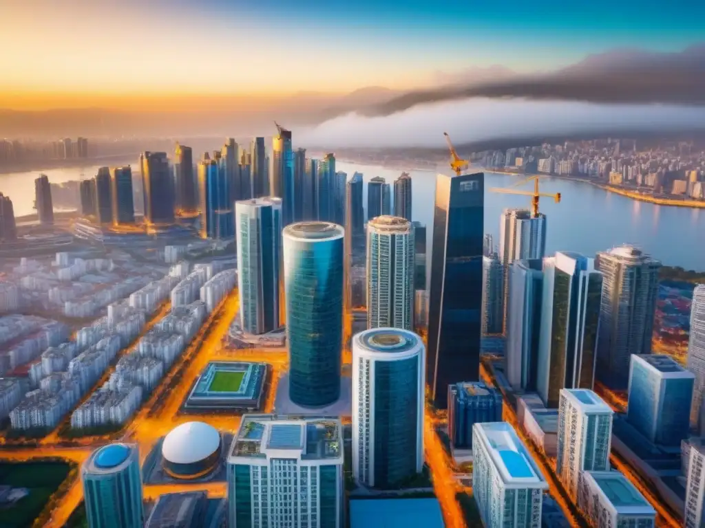 Vibrante mercado inmobiliario en una ciudad moderna Un vibrante mercado inmobiliario internacional rentable, fusionando arquitectura moderna y tradicional en una bulliciosa ciudad
