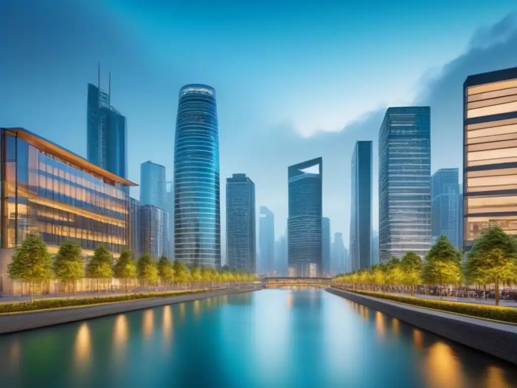 Inversores globales en mercado inmobiliario urbano Un vibrante mercado inmobiliario internacional con inversores de diversas etnias analizando datos en tablets y laptops