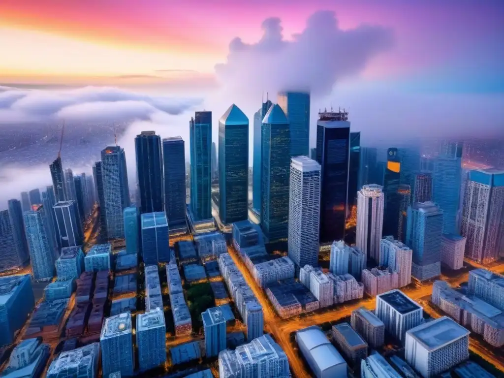 Vibrante mercado inmobiliario internacional: ciudad con rascacielos Un vibrante mercado inmobiliario internacional con rascacielos imponentes y arquitectura moderna, reflejando la diligencia debida