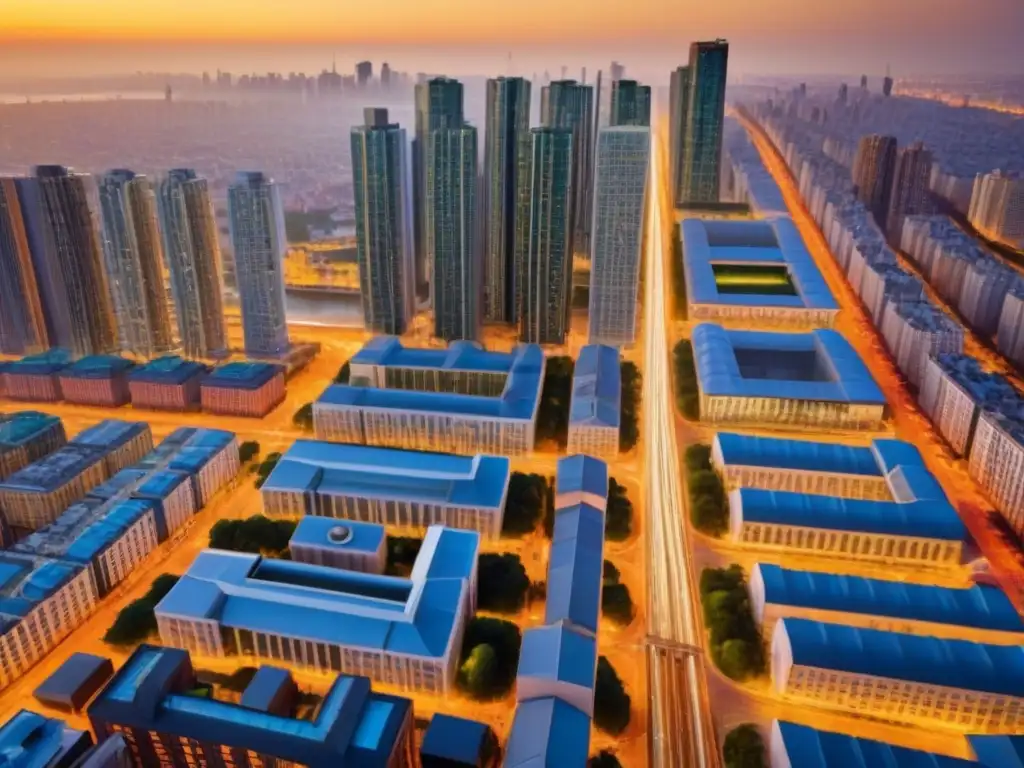 Mercado inmobiliario internacional: ilustración detallada y vibrante Un vibrante mercado inmobiliario internacional con propiedades diversas, gente de diferentes culturas y una ciudad iluminada por el sol poniente