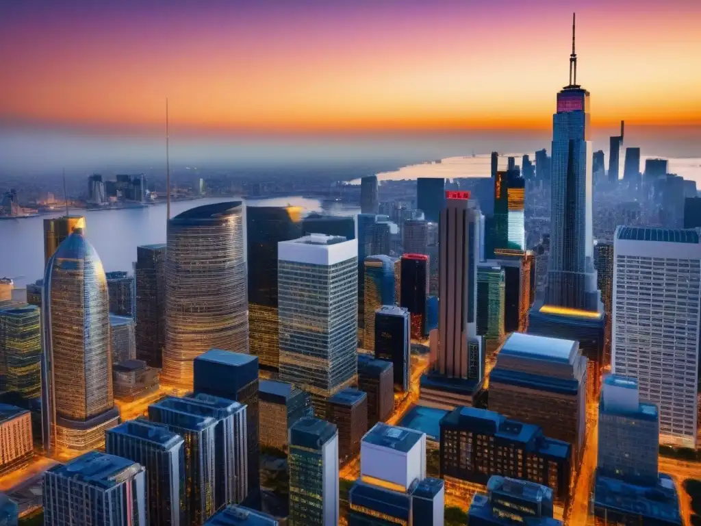 Skyline urbano vibrante en 8k: mercado inmobiliario global Un vibrante mercado inmobiliario internacional en una ciudad diversa al atardecer