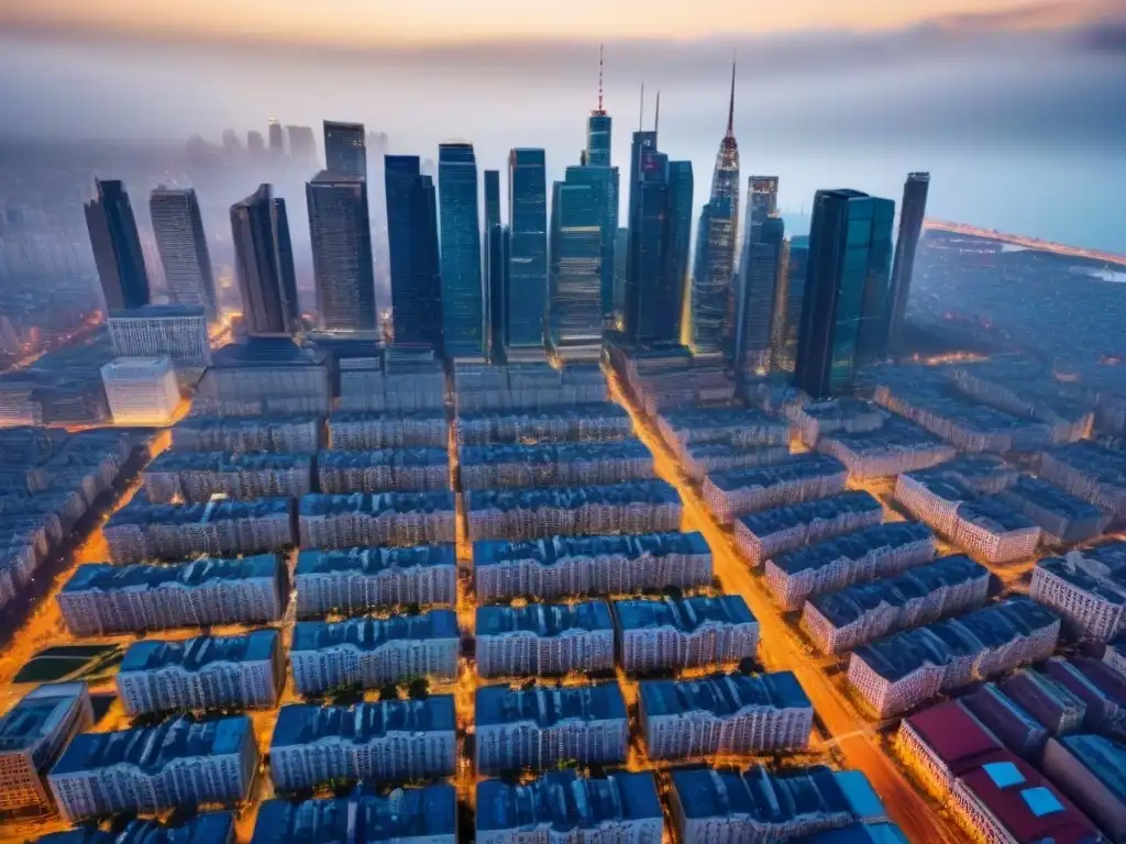 Metrópolis global: skyline vibrante y diverso Un vibrante mercado inmobiliario internacional, con modernos rascacielos y edificios históricos, reflejando las trampas regulatorias del sector
