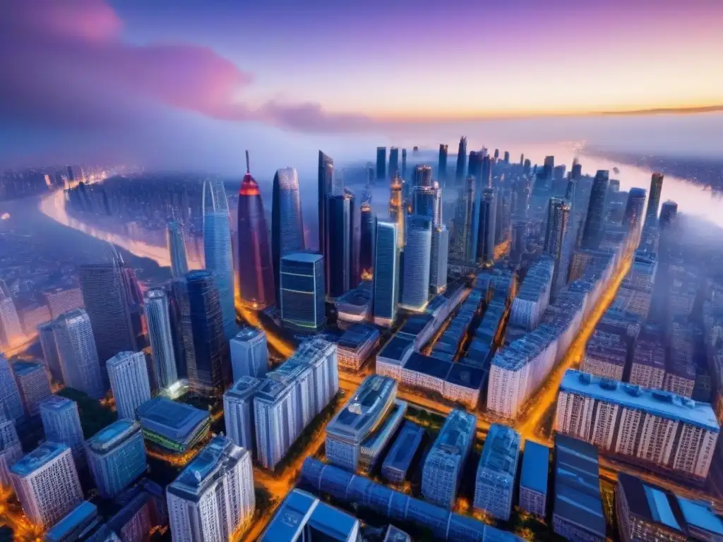 Metrópolis en crepúsculo: fusión de arquitectura futurista e histórica Un vibrante mercado inmobiliario internacional fusiona tradición e innovación en el paisaje urbano al anochecer