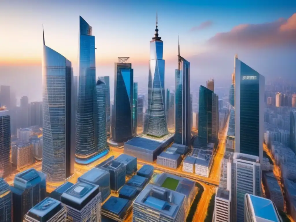 Vibrante distrito financiero de mercado emergente Vibrante mercado inmobiliario internacional: arquitectura futurista, inversionistas globales y energía de crecimiento en la ciudad emergente