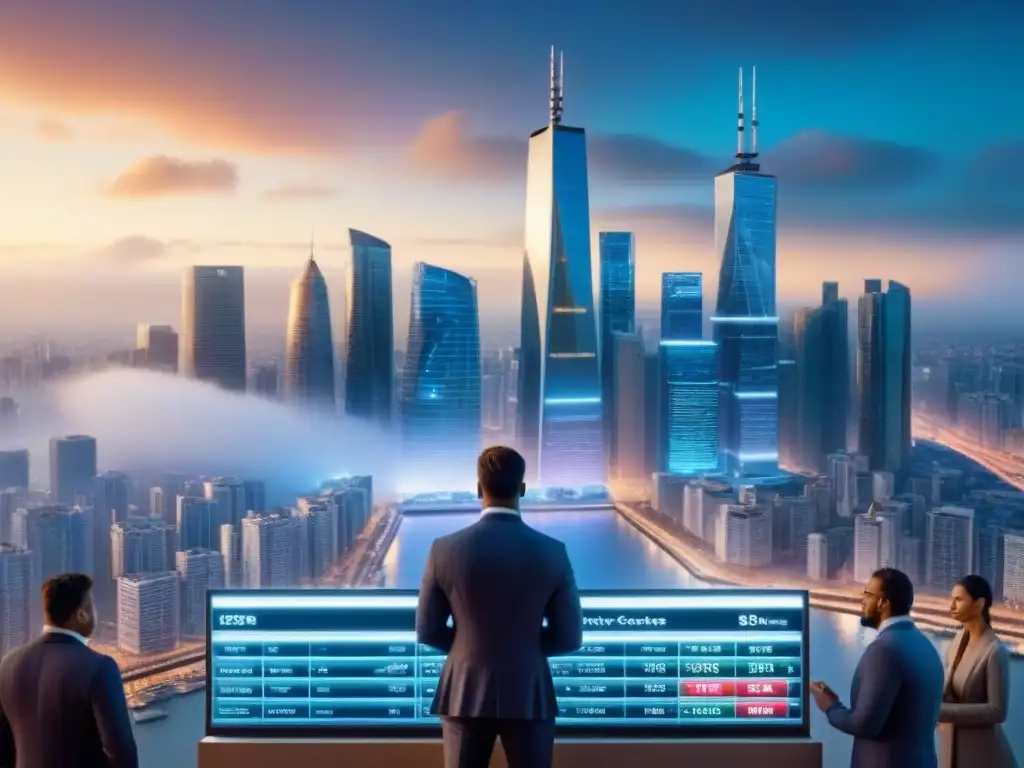 Escena inmobiliaria internacional: profesionales en acción Vibrante mercado inmobiliario internacional con fluctuaciones cambiarias en futurista skyline de la ciudad
