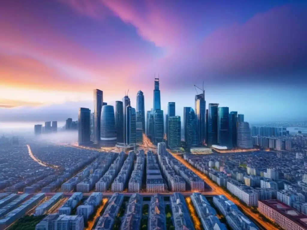 Espectacular panorama urbano: mercado inmobiliario próspero y diverso en 8k Vibrante mercado inmobiliario internacional: ciudad bulliciosa con rascacielos modernos, inversionistas globales y calles llenas de vida