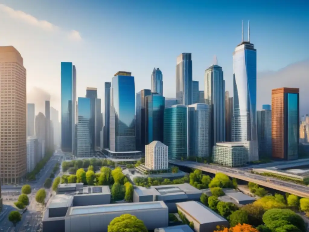 Mercado inmobiliario: Baby Boomers en acción Vibrante mercado inmobiliario internacional de Baby Boomers en una ciudad, con rascacielos y profesionales discutiendo acuerdos