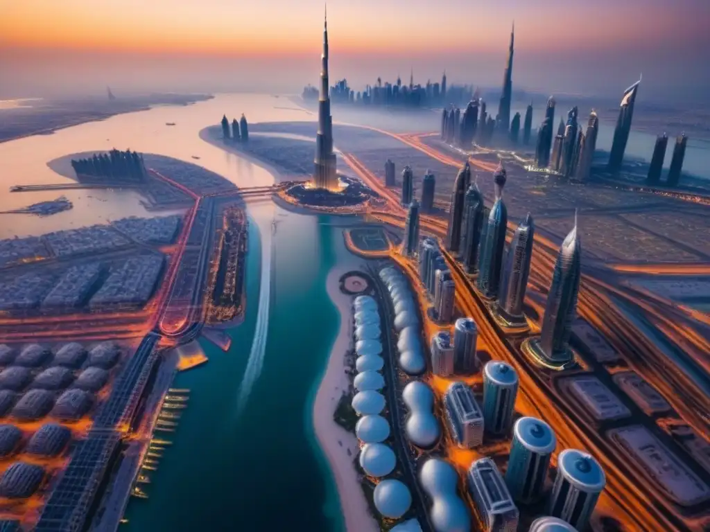 Espléndido skyline futurista de Dubai al atardecer El vibrante mercado inmobiliario internacional en Dubai se refleja en la opulenta y futurista ciudad al atardecer