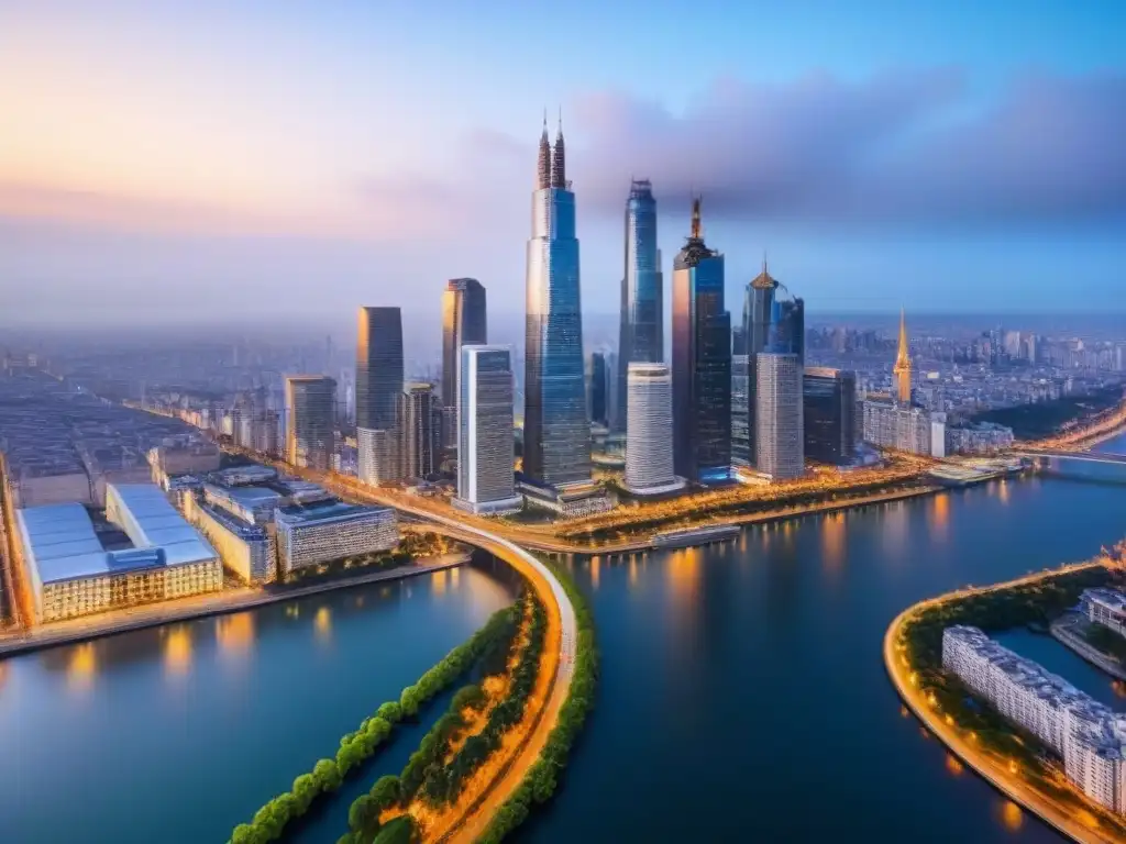 Horizonte urbano al atardecer: luces vibrantes y río sereno Vibrante mercado inmobiliario internacional análisis: Ciudad iluminada al anochecer con rascacielos y río reflejando las luces
