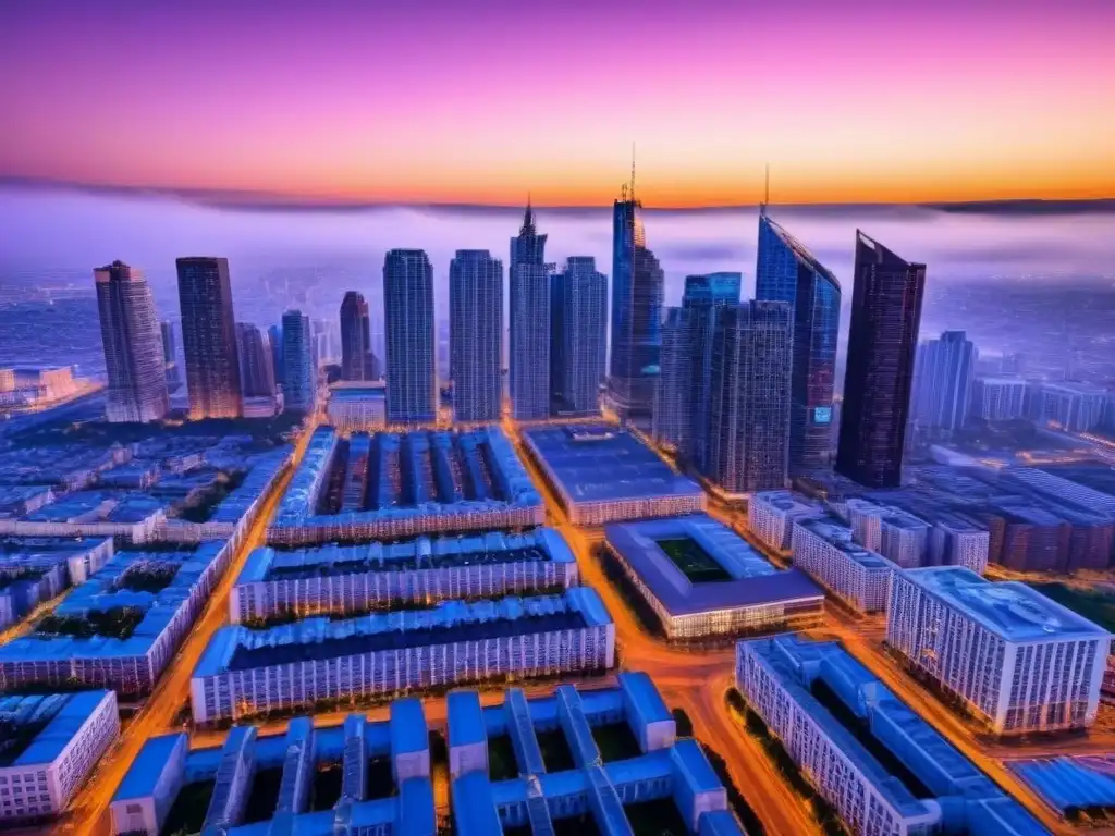 Horizonte urbano moderno al atardecer: éxito y prosperidad inmobiliaria Un vibrante mercado inmobiliario internacional reactivado, reflejado en la moderna silueta urbana al atardecer