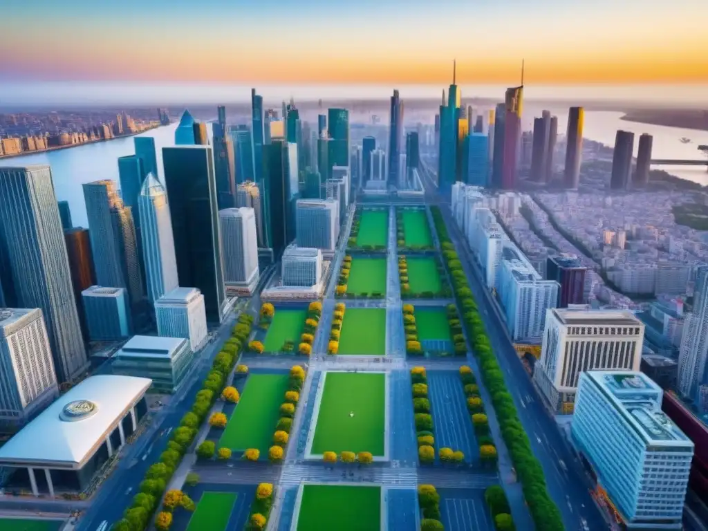 Metrópolis del futuro: mercado inmobiliario en auge Vibrante mercado inmobiliario internacional post-pandemia con mezcla de arquitectura futurista y tradicional en bulliciosa ciudad al amanecer