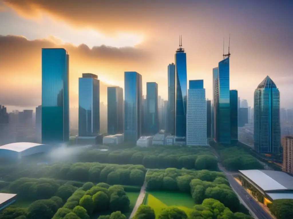 Skyline urbano postpandemia: inversión inmobiliaria internacional en auge Vibrante mercado inmobiliario internacional post COVID con skyline urbano moderno y profesionales en discusiones