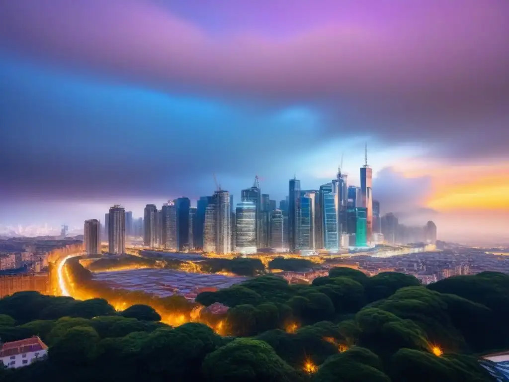 Cityscape iluminado: resiliencia del mercado inmobiliario posCOVID Vibrante mercado inmobiliario internacional postCOVID: modernos rascacielos iluminados al anochecer