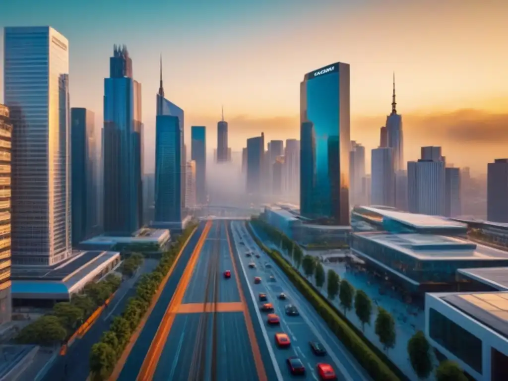 Cityscape urbano al atardecer: modernidad y prosperidad Un vibrante mercado inmobiliario internacional tendencias 2023 reflejado en un bullicioso paisaje urbano al atardecer