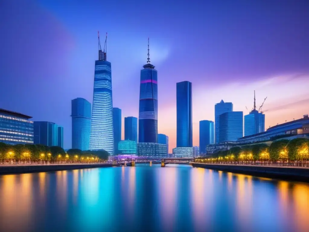 Metrópolis posBrexit: luces neón en modernos rascacielos Vibrante mercado inmobiliario internacional post-Brexit reflejado en la moderna ciudad iluminada al anochecer