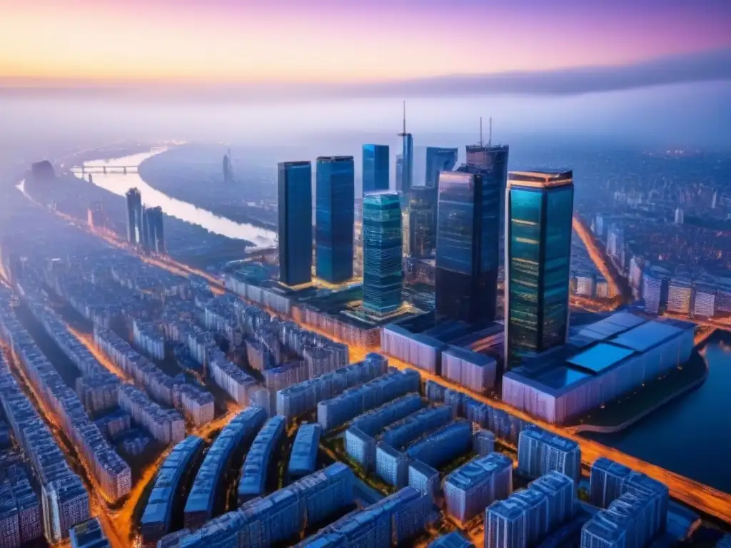 Brillante panorama urbano al anochecer: mercado inmobiliario postBrexit Vibrante mercado inmobiliario internacional post-Brexit: Ciudad iluminada al anochecer con río serpenteante