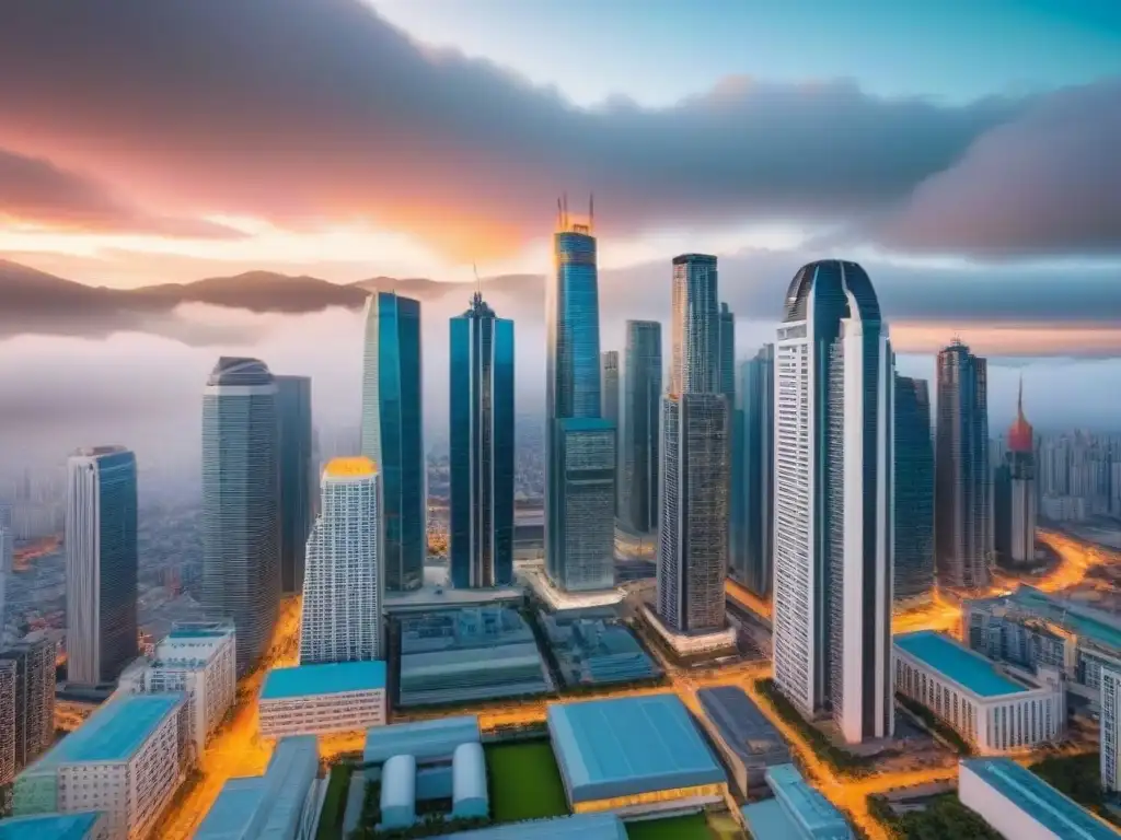 Mercado inmobiliario internacional: modernidad y tradición Vibrante mercado inmobiliario internacional con rascacielos modernos y estructuras tradicionales, inversores negociando