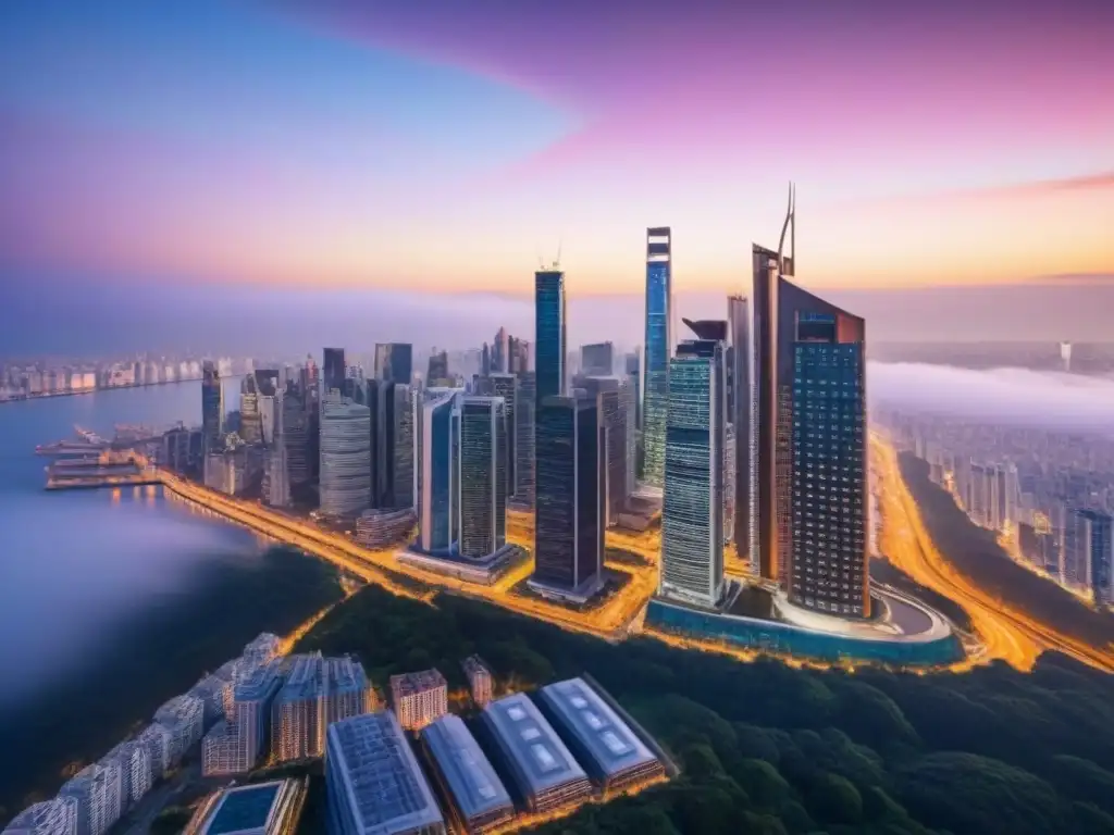 Inversiones inmobiliarias globales: skyline vibrante al atardecer Un vibrante mercado inmobiliario internacional: skyline urbano con rascacielos iluminados al atardecer y profesionales discutiendo