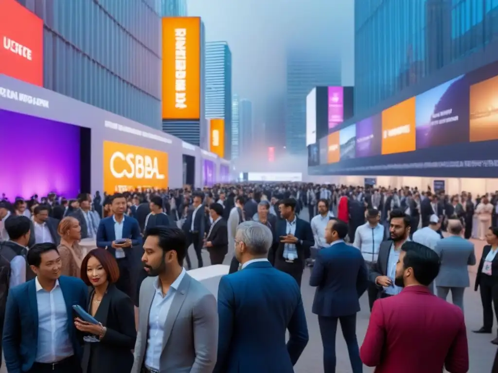 Feria inmobiliaria internacional: arquitectura moderna y diversidad global Un vibrante mercado inmobiliario internacional con diseños arquitectónicos modernos, agentes y compradores