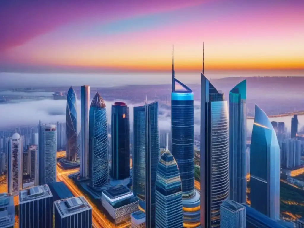 Horizonte urbano moderno: mercado inmobiliario internacional vibrante Un vibrante mercado inmobiliario internacional con modernos rascacielos, personas negociando y un atardecer cálido