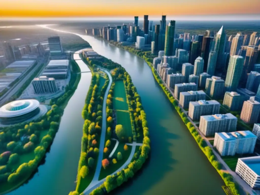 Vibrante ciudad canadiense: luces y naturaleza Vibrante mercado inmobiliario en Canadá, atrayendo inversores extranjeros con modernos edificios y parques verdes al atardecer