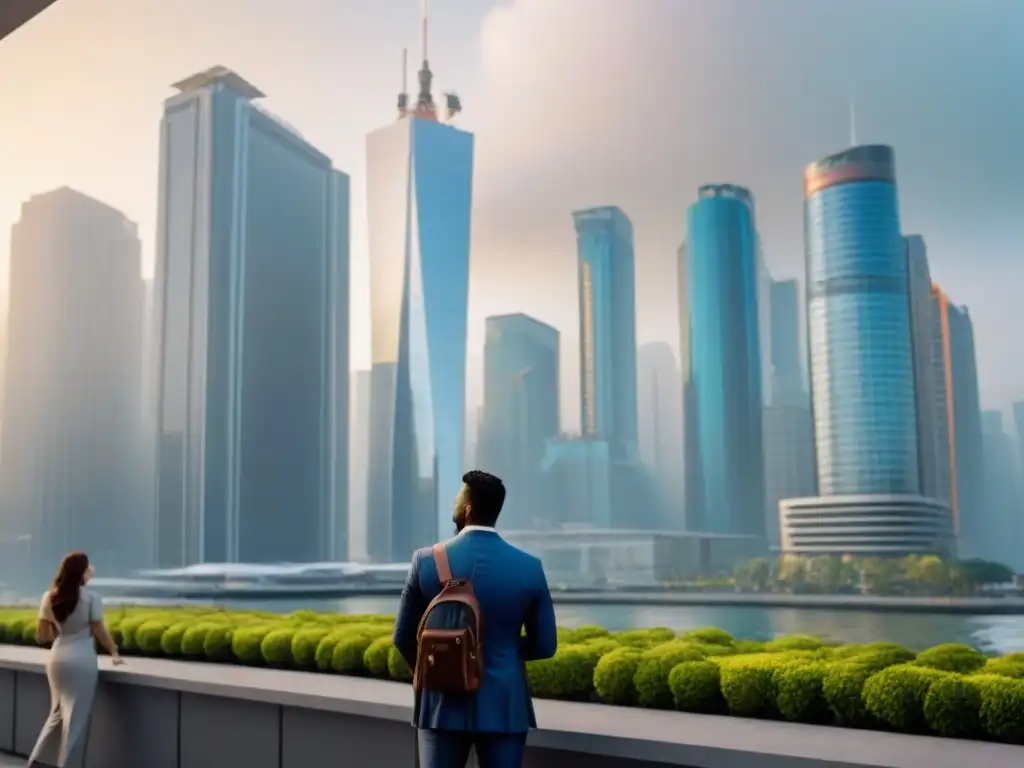 Escena inmobiliaria urbana: negocios y modernidad Un vibrante mercado inmobiliario local en rápida recuperación, con profesionales negociando entre modernos rascacielos y bulliciosa vida urbana