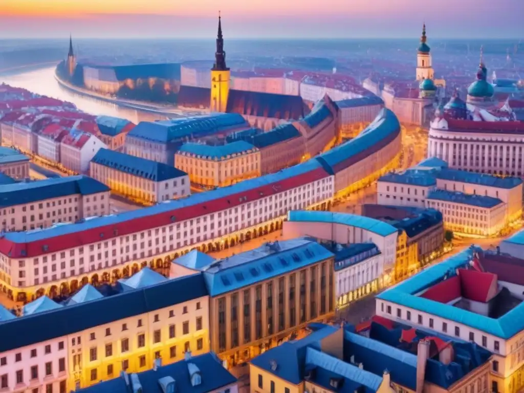 Skyline vibrante del Este de Europa: el auge inmobiliario Vibrante mercado inmobiliario en Europa del Este, con mezcla de arquitectura histórica y moderna bajo el sol poniente