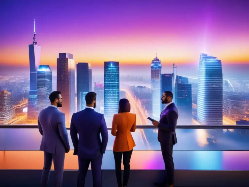 Vibrante ciudad al anochecer: innovación y colaboración en bienes raíces Un vibrante mercado inmobiliario en plena actividad al atardecer, reflejando lecciones de crisis económica