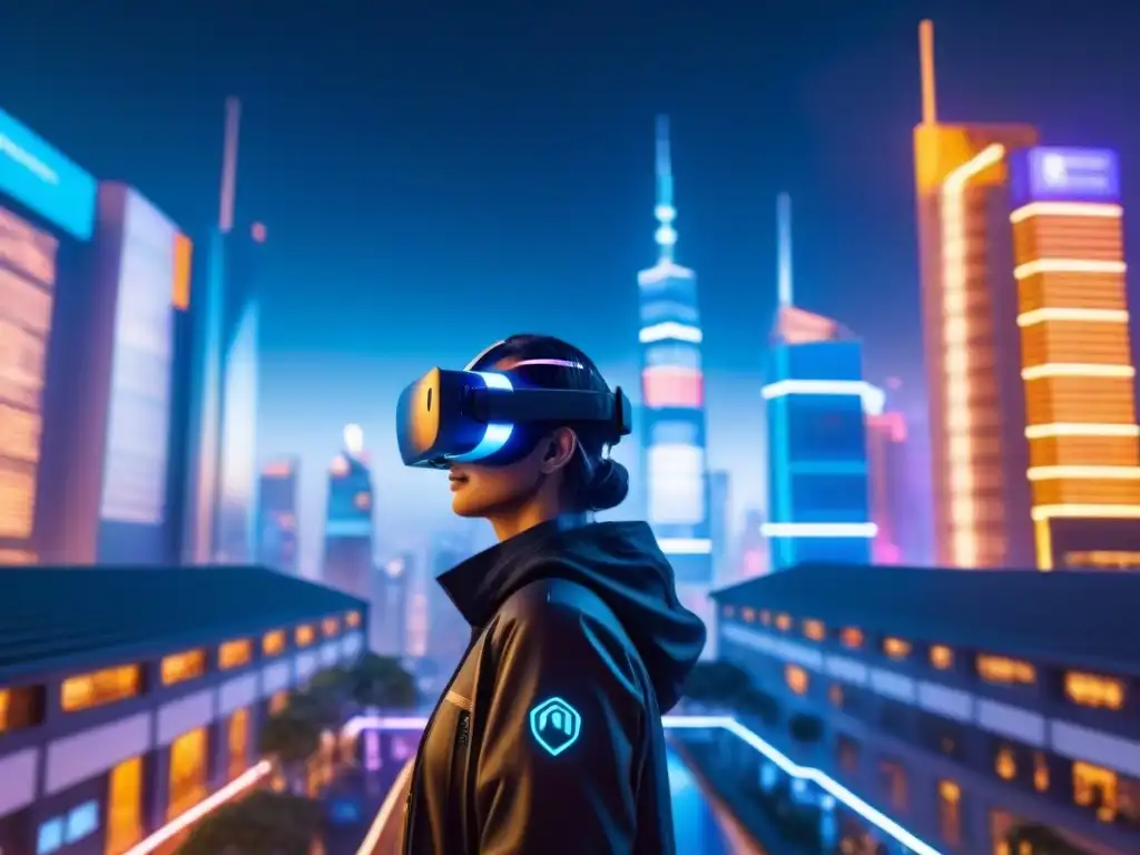 Un vibrante mercado inmobiliario en realidad virtual, conectando ciudades con datos y símbolos monetarios