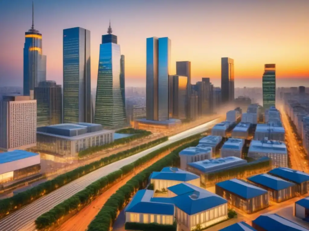 Escena vibrante del mercado inmobiliario urbano: skyline moderno, gente diversa y propiedades variadas en la ciudad Un vibrante mercado inmobiliario urbano con diversidad, rascacielos y personas, bañado en luz dorada al atardecer
