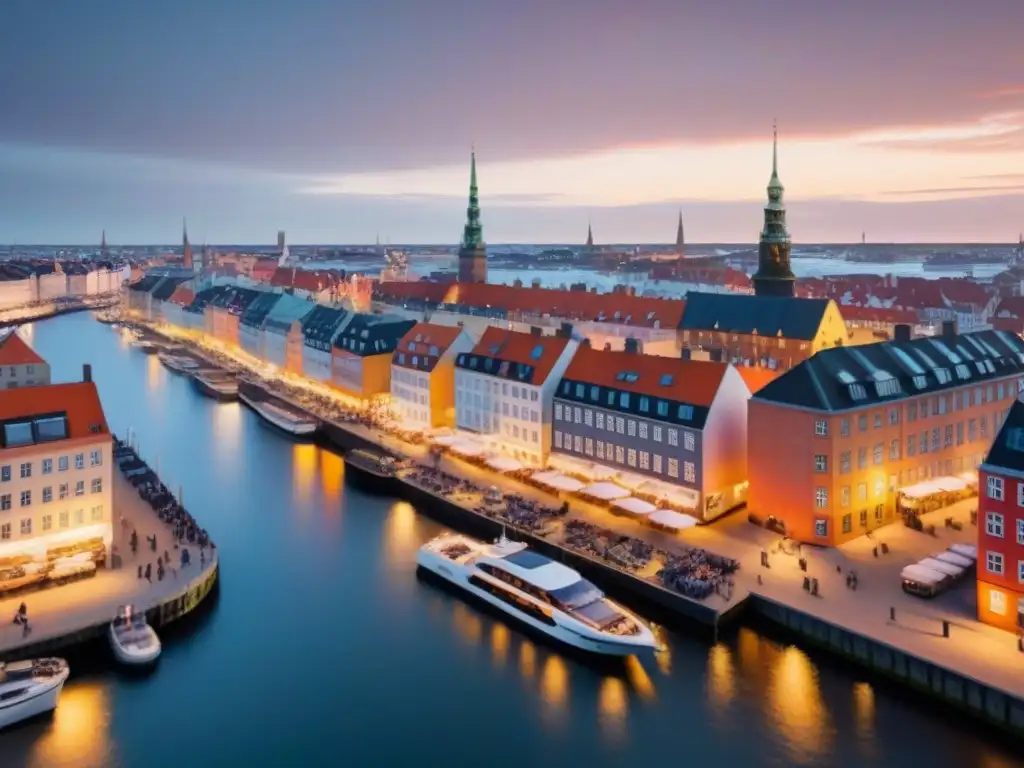 Paisaje urbano de Copenhague al atardecer: arquitectura moderna iluminada por el sol dorado El vibrante mercado inmobiliario de Copenhague se revela en esta vista aérea al atardecer, ideal para inversionistas extranjeros