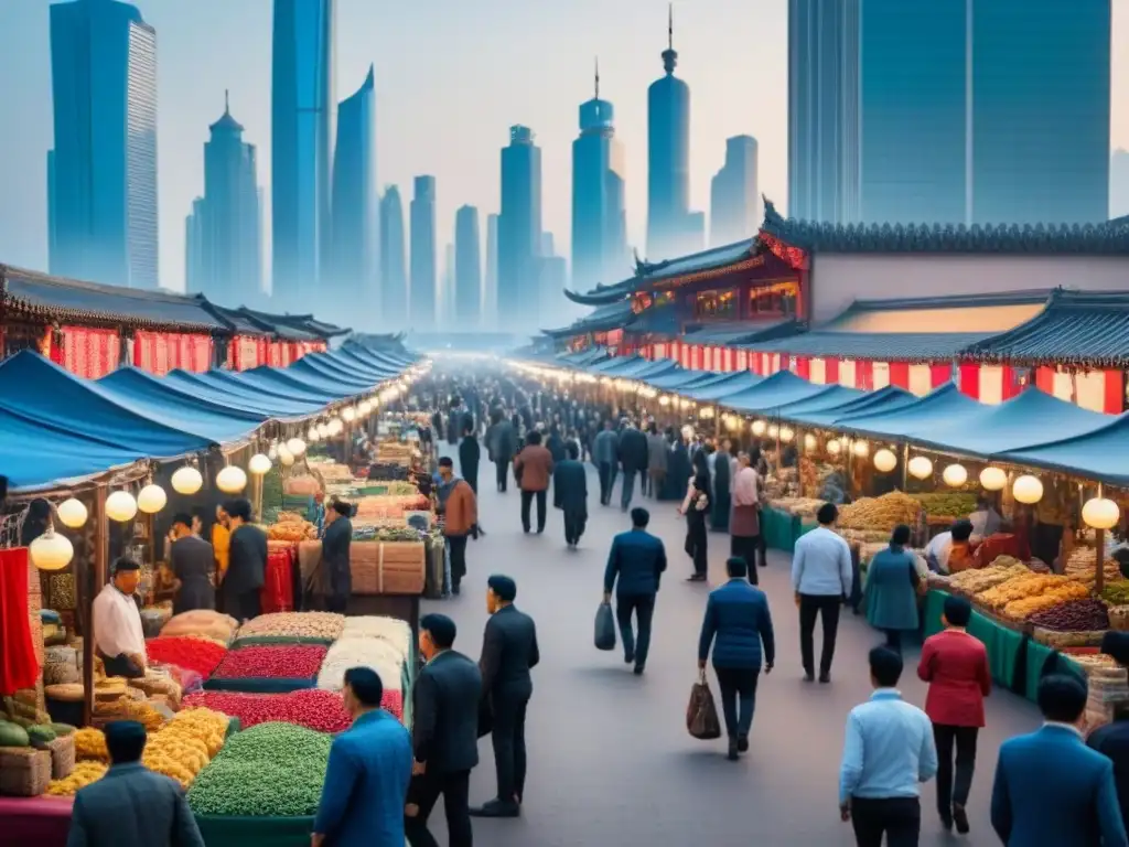 Mercado vibrante en ciudad internacional del Belt and Road Vibrante mercado internacional en la Franja y la Ruta, con coloridos puestos y rascacielos, reflejo de mercados emergentes