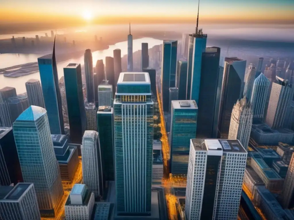 Distrito financiero internacional: atardecer entre rascacielos y negocios Vibrante mercado internacional de inversión inmobiliaria global en un distrito financiero urbano al atardecer