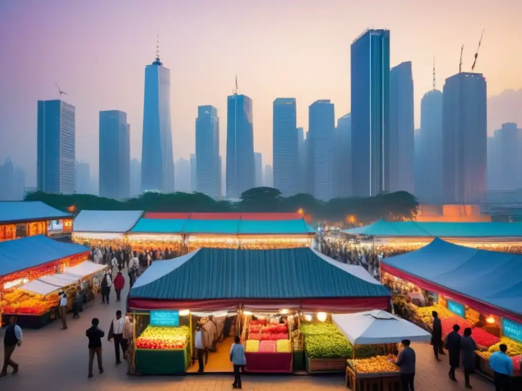 Mercado nocturno: inversores entusiastas y vibrante ciudad Un vibrante mercado local al atardecer con inversores analizando datos en tablets
