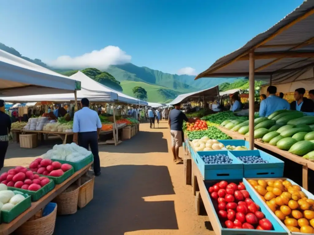 Mercado eco-sostenible en destino ecoturístico Un vibrante mercado local en un destino ecoturístico, con productos frescos, artesanías y lugareños sonrientes
