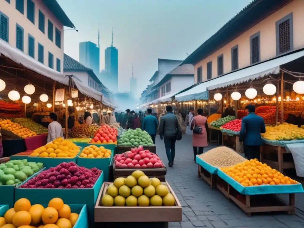Mercado local vibrante: fusión de tradición y progreso Un vibrante mercado local lleno de coloridas frutas y artesanías, con clientes diversos y conversaciones animadas