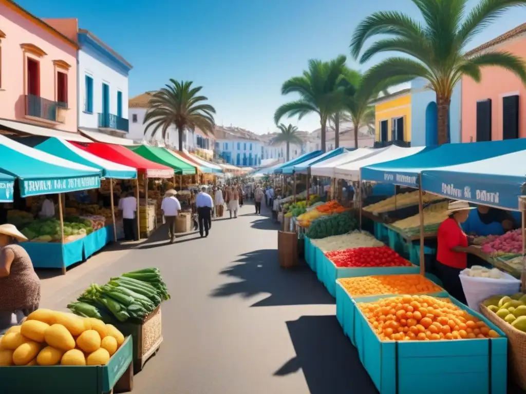 Mercado costero vibrante: colores, sabores y comunidad Un vibrante mercado local en un pueblo costero, lleno de color y vida