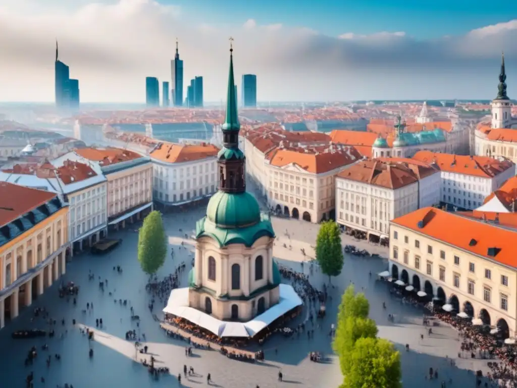 Contraste urbano en Europa del Este: tradición e innovación Vibrante mercado en Europa del Este, mezcla de arquitectura histórica y rascacielos modernos