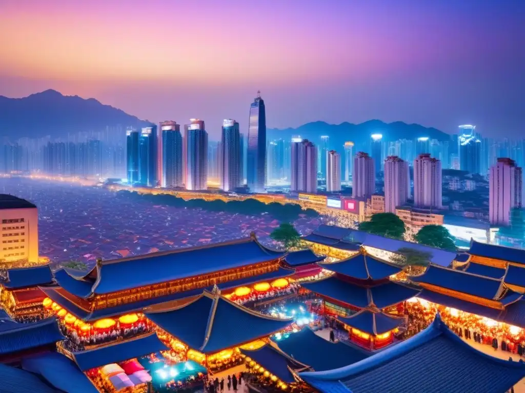 Lujo nocturno en la ciudad: mercado vibrante y rascacielos modernos Vibrante mercado nocturno en ciudad futurista de Asia con rascacielos modernos y tradicionales