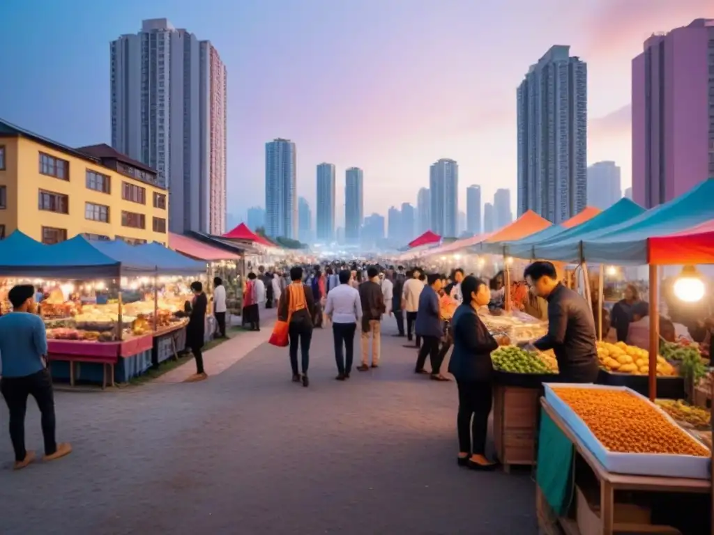 Mercado nocturno en ciudad vibrante: mezcla de tradición y modernidad Vibrante mercado nocturno en ciudad al atardecer, reflejando oportunidades en mercado viviendas asequibles