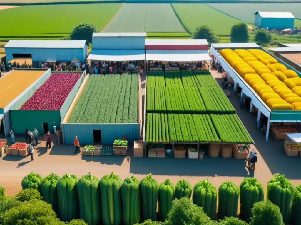 Mercado rural vibrante: frescura, color y tradición Un vibrante mercado rural rodeado de campos verdes y granjas pintorescas, con vendedores mostrando productos frescos y artesanías locales