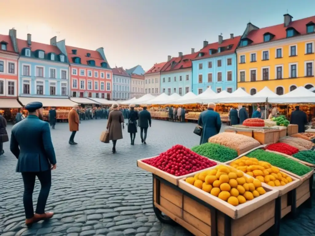 Mercado tradicional en ciudad histórica de Europa del Este Vibrante mercado en Europa del Este, fusionando tradiciones y modernidad