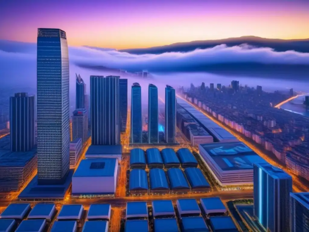 Mercado urbano vibrante en el futuro de la PropTech Vibrante mercado urbano con rascacielos iluminados y diseño futurista en mercados inmobiliarios PropTech emergentes