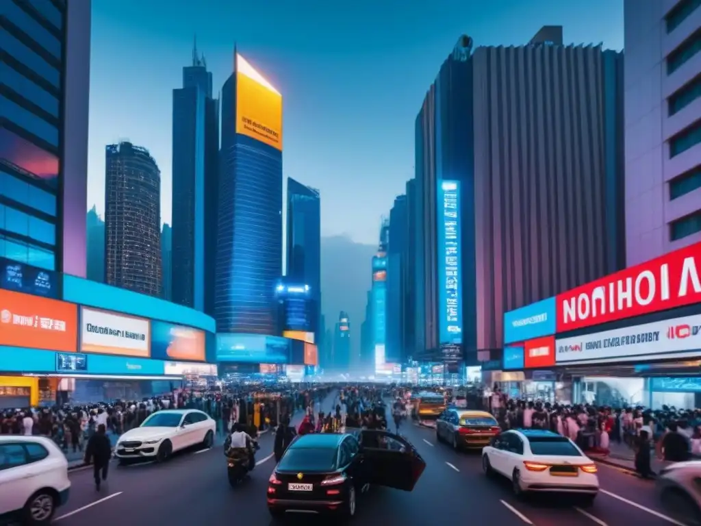 Cityscape vibrante en mercado emergente: inversión inmobiliaria Vibrante metrópolis en mercados emergentes, con rascacielos, calles llenas de gente y luces neón