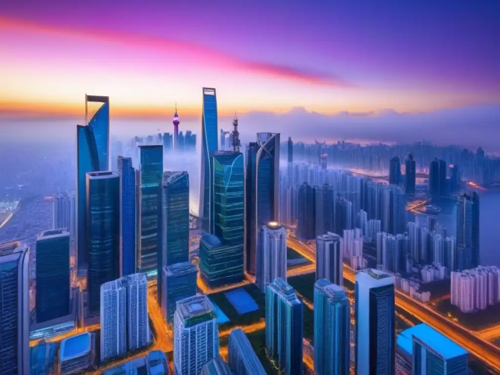 Metrópolis futurista con tecnología avanzada y atardecer colorido Vibrante metrópolis emergente con rascacielos y pantallas digitales mostrando datos financieros, al atardecer