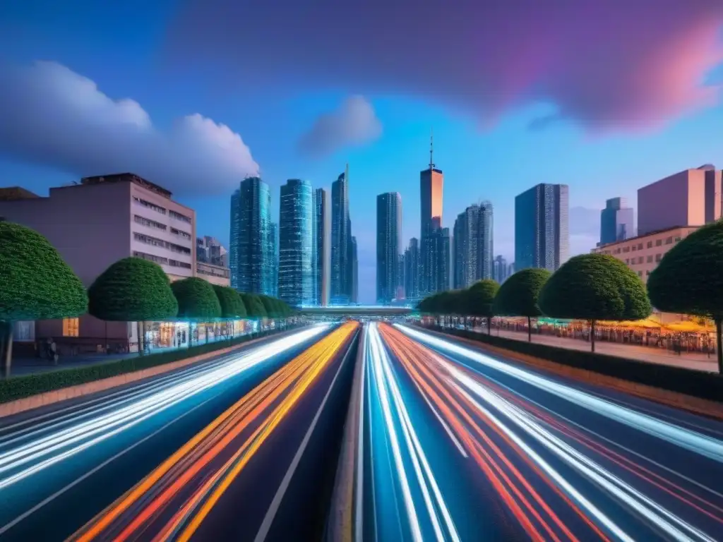 Metrópolis vibrante al anochecer Un vibrante micromercado inmobiliario internacional en una metrópolis cosmopolita