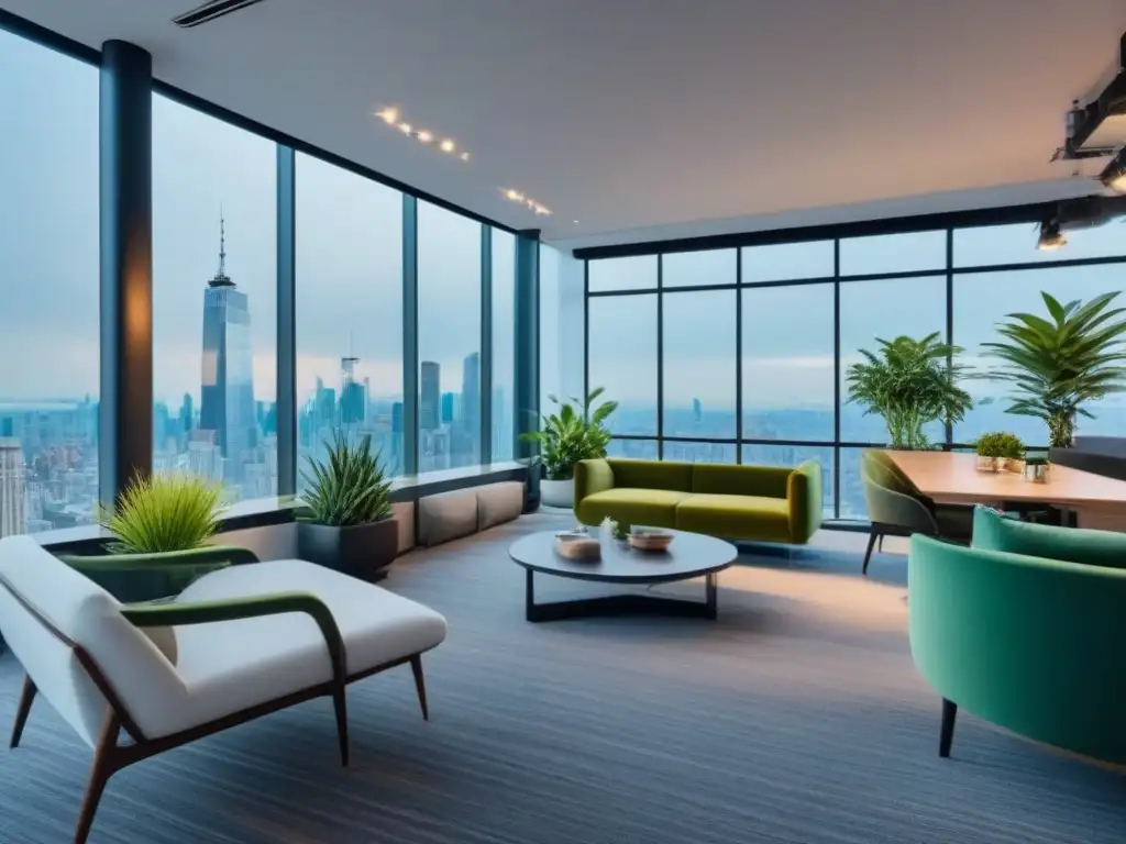 Moderno coworking con vista panorámica a la ciudad Un vibrante y moderno espacio coworking con vista panorámica a la ciudad