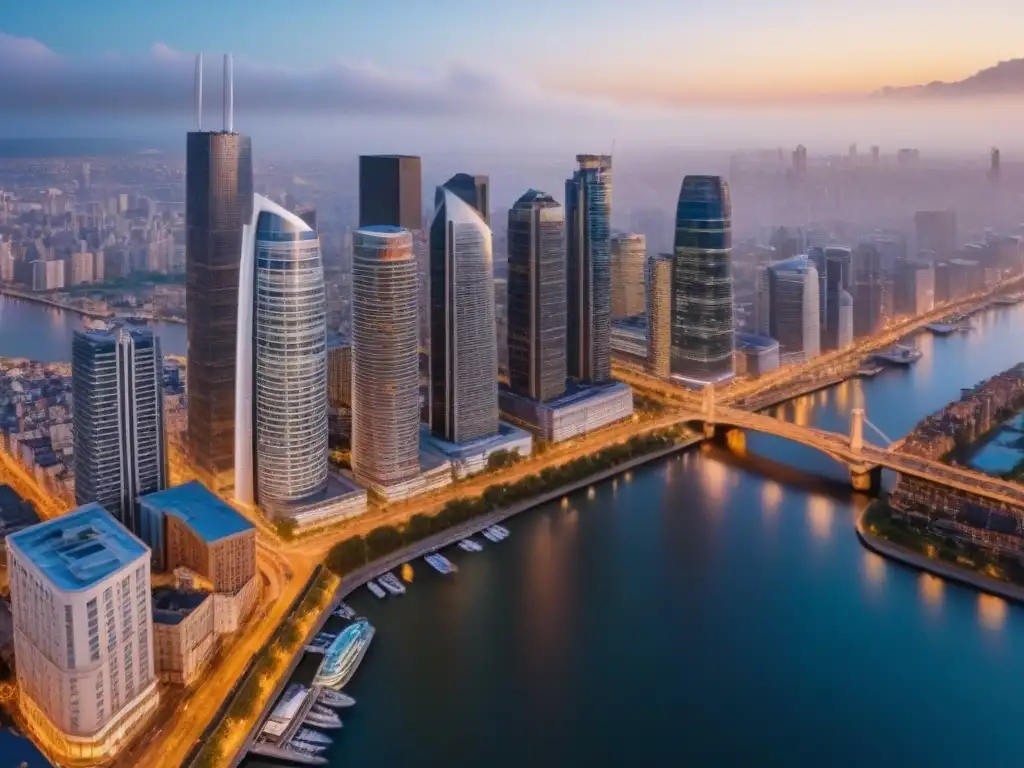 Vibrante metrópolis al anochecer con modernos rascacielos e históricos edificios iluminados