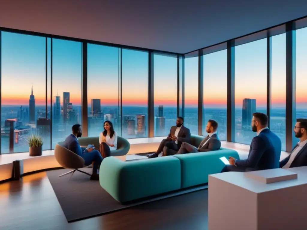 Profesionales de PropTech innovando en coworking futurista Vibrante networking de profesionales en coworking de PropTech