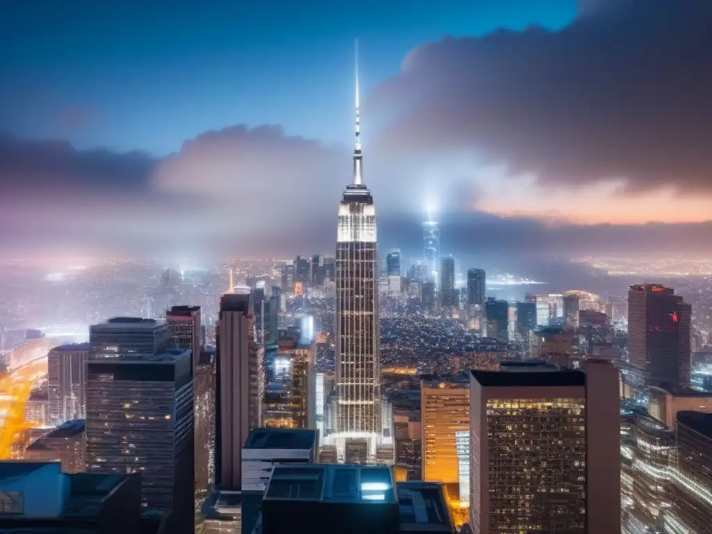 Metrópolis nocturna: skyline luminoso de una ciudad en auge Vibrante noche en la ciudad con rascacielos iluminados, simbolizando la potencial de la inversión inmobiliaria en mercados emergentes